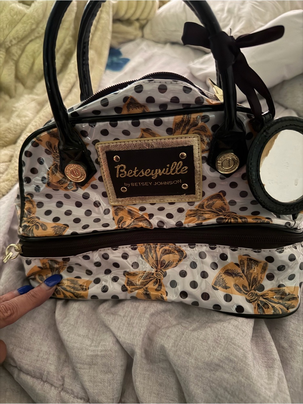 Betsey Johnson White Polka Dot & Gold Bow Cosmetic Bag